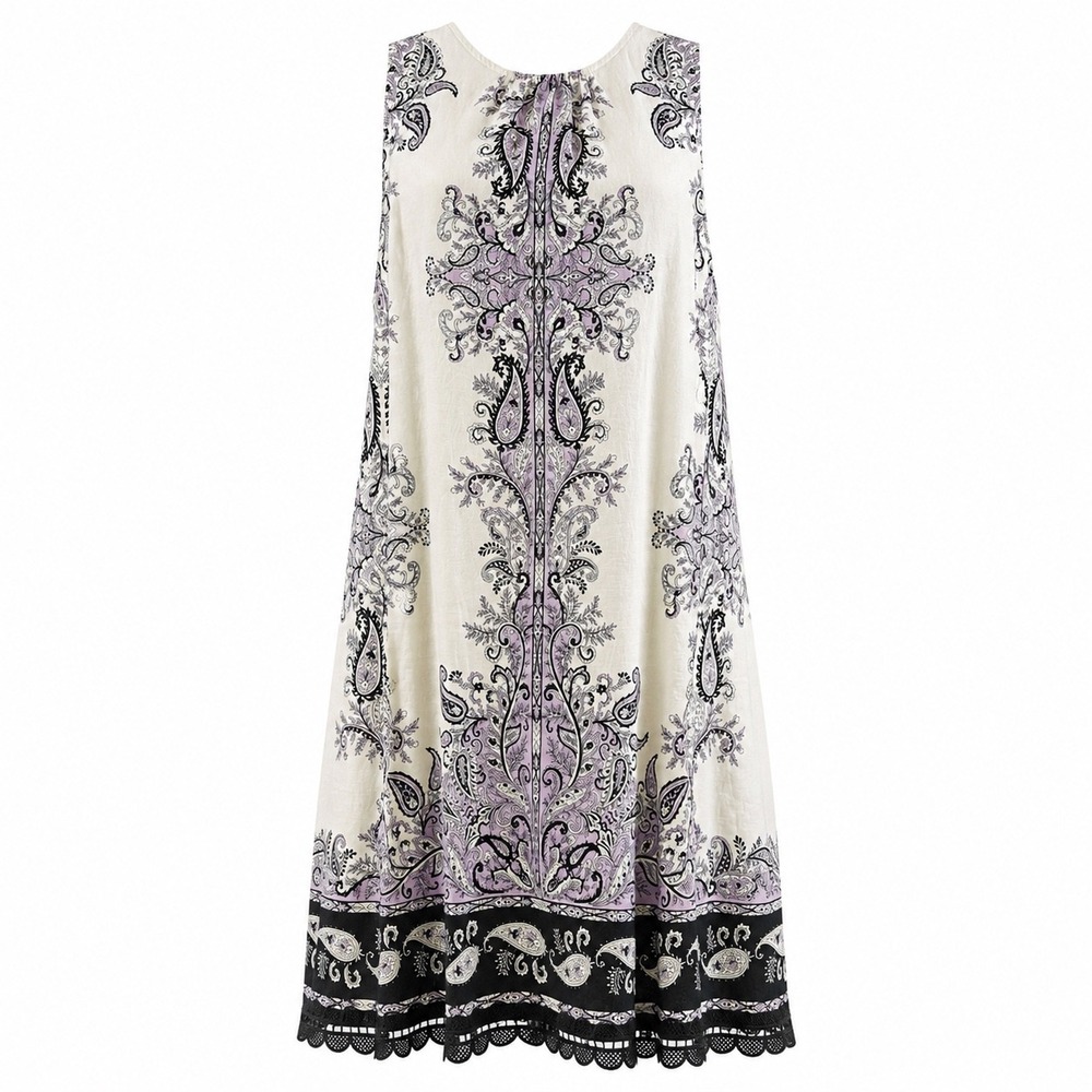 LOFT Womens Dress 14 Linen Cream Paisley Shift Boho Lace Hem Summer Sleeveless